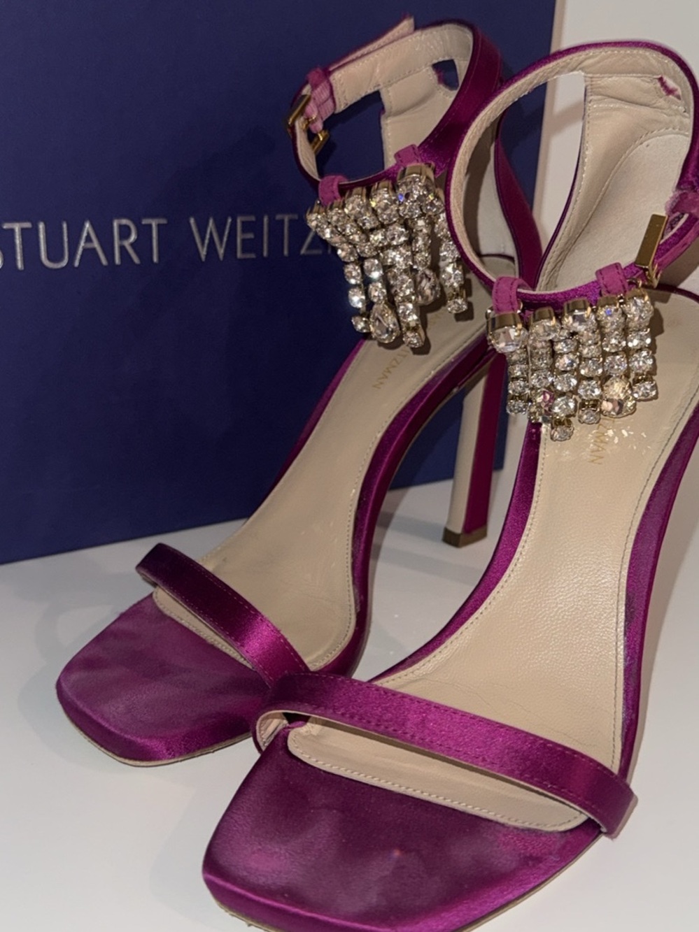 Stuart Weitzman Fuchsia Satin Jeweled Ankle-Strap Sandals